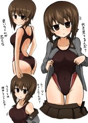Rule 34 | 10s, absurdres, ass, blush, breasts, brown eyes, brown hair, brown skirt, covered navel, girls und panzer, highres, looking at viewer, motion lines, nishizumi maho, one-piece swimsuit, short hair, skirt, smile, swimsuit, swimsuit under clothes, translation request, wet, white background, yogurt bakudan