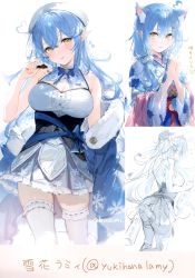 Rule 34 | 1girl, :p, absurdres, ahoge, animal ear fluff, animal ears, bare shoulders, bell, blue coat, blue hair, blue skirt, blue tail, blue theme, blush, bow, breasts, candy, cat ears, cat girl, cat tail, center frills, character name, chocolate, chocolate heart, cleavage cutout, clothing cutout, coat, corset, eyelashes, floral print, food, frilled skirt, frilled thighhighs, frills, fur collar, hair between eyes, hair ornament, hairclip, happy new year, heart, heart ahoge, highres, holding, holding chocolate, holding food, hololive, japanese clothes, kemonomimi mode, kimono, large breasts, light blue hair, long hair, looking at viewer, medium breasts, multicolored hair, multiple views, new year, off shoulder, open mouth, own hands together, palms together, pink sash, pleated skirt, pointing, pointy ears, praying, red bow, ribbon, sash, scan, shirt, simple background, skirt, sleeveless, sleeveless shirt, smile, snowflake print, streaked hair, tail, tail bell, tail ornament, tail ribbon, tassel, thighhighs, tongue, tongue out, twintails, twitter username, umibouzu (niito), underbust, upper body, virtual youtuber, white background, white headwear, white kimono, white shirt, white thighhighs, wide sleeves, yellow eyes, yukihana lamy, yukihana lamy (new year), zettai ryouiki