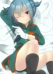 Rule 34 | 1boy, artist request, bed, boots, braid, frown, gloves, green hair, inazuma eleven, inazuma eleven (series), lying, male focus, mistorene callus, on back, pixiv sample, red eyes, resized, solo, trap, uniform, wink