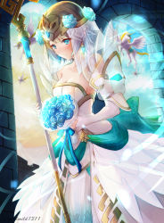 Rule 34 | 1girl, artist name, blonde hair, blue eyes, blush, bouquet, breasts, bride, clear glass (mildmild1311), cleavage, collarbone, commentary request, dress, earrings, feather trim, fire emblem, fire emblem heroes, fjorm (fire emblem), flower, gradient hair, highres, jewelry, light smile, looking at viewer, medium breasts, multicolored hair, nintendo, pegasus, short hair, simple background, solo, staff, strapless, strapless dress, tiara, wedding dress, wings