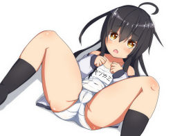 Rule 34 | 1girl, ahoge, ass, black hair, black socks, blush, cameltoe, collarbone, covered navel, cunachio, feet out of frame, flat chest, hair between eyes, highres, hood, hoodie, jacket, kantai collection, kneehighs, long hair, long sleeves, looking at viewer, lying, mikazuki (kancolle), name tag, old school swimsuit, one-piece swimsuit, open clothes, open hoodie, open mouth, school swimsuit, see-through, shadow, simple background, socks, solo, spread legs, swimsuit, swimsuit under clothes, thighs, wet, white background, white jacket, white school swimsuit, white one-piece swimsuit, yellow eyes