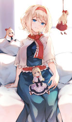 Rule 34 | 4girls, alice margatroid, backlighting, blonde hair, blue dress, blue eyes, bow, capelet, closed mouth, commentary request, day, dress, feet out of frame, frilled capelet, frills, hair bow, hair intakes, hairband, highres, hourai doll, indoors, looking at viewer, multiple girls, pillow, red bow, red dress, red hairband, shanghai doll, sitting, smile, tamiku (shisyamo609), touhou, white capelet, window