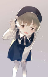 Rule 34 | 1girl, :d, arm support, beret, black hat, black skirt, brown eyes, brown hair, collared shirt, fangs, flower, hair rings, hand on leg, hand up, hat, hatoba tsugu, highres, leaning forward, long sleeves, looking at viewer, mole, mole under eye, open mouth, pantyhose, shirt, skirt, smile, solo, subachi, suspender skirt, suspenders, virtual youtuber, white flower, white pantyhose, white shirt