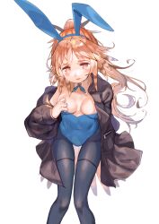 Rule 34 | absurdres, animal ears, arknights, bird tail, black pantyhose, blue leotard, blush, breasts, bright pupils, brown coat, coat, covered navel, detached collar, fake animal ears, feather hair, highleg, highleg leotard, highres, kawasumi (tk2k jade), leotard, long coat, long hair, medium breasts, mole, mole under eye, open clothes, open coat, open mouth, orange eyes, orange feathers, orange hair, pantyhose, pinecone (arknights), playboy bunny, ponytail, rabbit ears, simple background, tail, thighband pantyhose, white background, white pupils