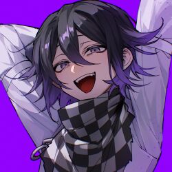 Rule 34 | 1boy, black hair, checkered clothes, checkered scarf, danganronpa (series), danganronpa v3: killing harmony, hair between eyes, highres, jacket, long sleeves, looking at viewer, male focus, nanin, oma kokichi, open mouth, purple eyes, purple hair, scarf, simple background, smile, solo, teeth, upper body, upper teeth only