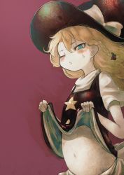 Rule 34 | 1girl, apron, aqua eyes, bad id, bad twitter id, black bow, black hat, blonde hair, blush, bow, braid, clothes lift, cookie (touhou), hair between eyes, hair bow, hat, hat bow, kirisame marisa, koohee, lifted by self, long hair, looking at viewer, navel, one eye closed, pink background, short sleeves, side braid, solo, star (symbol), stomach, suzu (cookie), sweatdrop, touhou, waist apron, white bow, witch hat