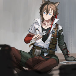 Rule 34 | 1boy, absurdres, animal ears, arknights, armband, belt, black shirt, blue eyes, brown hair, cat boy, cat ears, full body, gloves, highres, indoors, jacket, jewelry, male focus, necklace, orlijiang, red armband, ring, ring necklace, shirt, short hair, sitting, solo, stainless (arknights), utility belt, white jacket, wrench