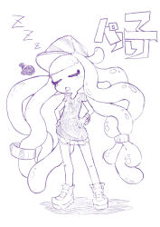 Rule 34 | 1girl, absurdres, afuron, bangle, baseball cap, blunt bangs, boots, bracelet, character name, closed eyes, drooling, female focus, fish, flat chest, full body, hands on own hips, harmony&#039;s clownfish (splatoon), harmony (splatoon), hat, highres, japanese text, jewelry, legs, light blush, long hair, low-tied long hair, miniskirt, monochrome, nintendo, open mouth, pleated skirt, shirt, short sleeves, sidelocks, simple background, sketch, skirt, sleeping, solo focus, splatoon (series), splatoon 3, standing, striped clothes, striped headwear, tentacle hair, tentacles, thighs, translated, u u, very long hair, white background, zzz
