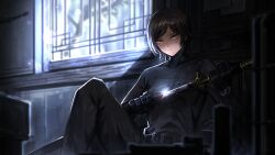 Rule 34 | 1girl, belt, black belt, black gloves, black pants, black shirt, blood, bloody weapon, brown hair, closed mouth, game cg, gloves, highres, holding, holding sword, holding weapon, indoors, limbus company, long sleeves, nai ga, official art, orange eyes, outis (project moon), pants, project moon, sheath, shirt, short hair, sitting, solo, sword, unsheathing, watch, weapon, wristwatch