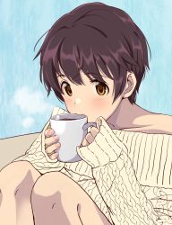 Rule 34 | 1girl, aran sweater, bare shoulders, blue background, blush, breasts, brown eyes, brown hair, cable knit, coffee mug, collarbone, commentary, cup, dot nose, drinking, fingernails, hands up, highres, holding, holding cup, idolmaster, idolmaster cinderella girls, idolmaster cinderella girls starlight stage, knees up, large breasts, looking at viewer, mouth hold, mug, nail polish, off-shoulder sweater, off shoulder, oikawa shizuku, pink nails, short hair, simple background, sitting, sleeves past wrists, solo, steam, sweater, white sweater, youhei (testament)