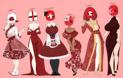 Rule 34 | 6+girls, absurdres, bare shoulders, black bow, black dress, black footwear, bow, breasts, cleavage, crescent, crossed arms, dress, english flag, flawsy, floating crown, floating head, flower, hair bow, hair flower, hair ornament, highres, japanese flag, large breasts, long sleeves, multiple girls, object head, original, pants, personification, pink background, pink flower, print dress, red dress, red eyes, red footwear, red theme, sandals, shoes, side slit, simple background, socks, standing, swiss flag, tongan flag, tunisian flag, turkish flag, white pants, white socks, yellow footwear