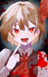 Rule 34 | 1girl, absurdres, ascot, blonde hair, blood, blood on face, blood splatter, fangs, hair ribbon, highres, open mouth, pointing, pointing at self, red ascot, red ribbon, ribbon, rokka (rokka937), rumia, shirt, solo, touhou, upper body, vest, white shirt