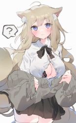 Rule 34 | 1girl, ?, ahoge, animal ear fluff, animal ears, black bow, black bowtie, black skirt, blush, bow, bowtie, breasts, brown cardigan, brown hair, cardigan, closed mouth, commentary, fox ears, fox tail, highres, large breasts, long hair, looking at viewer, off shoulder, original, otintin, school uniform, shirt, simple background, skirt, smile, solo, speech bubble, tail, thighhighs, unbuttoned, very long hair, white background, white shirt, white thighhighs, zettai ryouiki