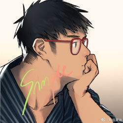 Rule 34 | 1boy, bara, black hair, commission, elbow rest, glasses, japanese clothes, kimono, laserbiubiu, looking to the side, male focus, mature male, original, portrait, profile picture, red-framed eyewear, sample watermark, short hair, sideburns, solo, upper body, watermark