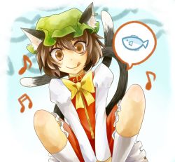 Rule 34 | 1girl, :q, animal ears, bow, brown eyes, brown hair, cat ears, cat girl, cat tail, chen, female focus, fish, hat, kneehighs, licking lips, multiple tails, musical note, pakuchii, short hair, smile, socks, solo, speech bubble, spoken food, squatting, tail, tongue, tongue out, touhou, white socks