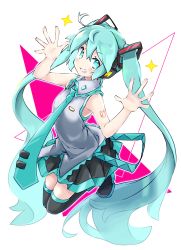 Rule 34 | 1girl, akino coto, aqua eyes, aqua hair, arm tattoo, bare shoulders, black thighhighs, blush, boots, full body, grey shirt, grin, hands up, hatsune miku, headphones, highres, legs up, long hair, looking at viewer, necktie, open hands, shirt, sleeveless, sleeveless shirt, smile, solo, sparkle, symbol-only commentary, tattoo, thigh boots, thighhighs, twintails, very long hair, vocaloid, white background