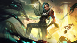 Rule 34 | 1girl, 1other, absurdres, alternate costume, armor, black pants, breasts, contrapposto, explosion, green hair, hand on own hip, highres, holding, holding weapon, jinx (league of legends), league of legends, long hair, mouth hold, outdoors, pants, parted lips, sentinel (league of legends), shoulder armor, small breasts, smile, solo focus, standing, striped clothes, striped pants, teeth, twintails, vincent t (oriaarts), weapon