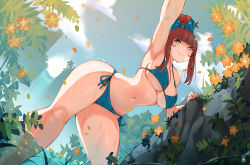 Rule 34 | 1girl, arm up, armpits, bikini, blue bikini, blue bow, blunt bangs, bow, breasts, cleavage, cloud, cloudy sky, day, feet out of frame, flower, hair bow, halterneck, highres, kenron toqueen, large breasts, long hair, looking at viewer, navel, orange flower, original, outdoors, plant, red hair, shadow, side-tie bikini bottom, sidelocks, sky, smile, soaking feet, solo, string bikini, swimsuit, thick thighs, thighs, tomatita, underboob, wading, water, waterfall, wet