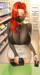 Rule 34 | absurdres, bag, black bra, black ribbon, black shirt, blue eyes, blurry, blurry background, blush, bra, breasts, buying condoms, cash register, ceo (ceo and bodyguard), ceo and bodyguard, cleavage, convenience store, counter, covered navel, credit card, earrings, english text, hair behind ear, hair over shoulder, handbag, high-waist skirt, highres, jewelry, large breasts, looking to the side, mature female, mole, mole under eye, nail polish, pov, red hair, red nails, ribbon, roborobocap, see-through, shirt, shop, skirt, solo, thighs, underwear, white skirt