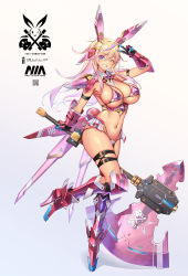 Rule 34 | 1girl, armor, axe, bikini armor, blonde hair, blue eyes, clenched teeth, full body, gradient background, gradient hair, grey background, hair between eyes, highres, holding, holding axe, holding weapon, long hair, looking at viewer, multicolored hair, one eye closed, original, pink hair, smile, solo, standing, standing on one leg, takamine nadare, teeth, thigh strap, v, weapon