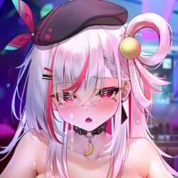 1girl bad_source blush collar collarbone cum cum_on_body facial hair_ornament hair_rings hat heart heart_in_eye indie_virtual_youtuber looking_at_viewer meion mingyin_meion_(vtuber) multicolored_hair open_mouth pink_hair red_eyes streaked_hair symbol_in_eye tagme virtual_youtuber