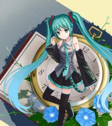Rule 34 | 1girl, aqua eyes, aqua hair, aqua nails, bad id, bad pixiv id, bare shoulders, clock, detached sleeves, flower, hatsune miku, highres, long hair, morning glory, nail polish, necktie, pocket watch, skirt, smile, solo, standing, standing on one leg, thighhighs, tucana, twintails, very long hair, vocaloid, watch
