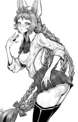 Rule 34 | 1girl, absurdres, animal ears, ass, blush, bow, bowtie, braid, breasts, tien (granblue fantasy), gggg, granblue fantasy, greyscale, highres, long hair, looking at viewer, monochrome, school uniform, simple background, skirt, solo, sweat, thighhighs, twin braids, very long hair, white background