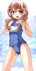 Rule 34 | 1girl, absurdres, blue eyes, breasts, brown hair, cameltoe, commentary request, covered navel, fang, feet out of frame, hair over shoulder, highres, kentap, long hair, looking at viewer, name tag, open mouth, original, purple eyes, school swimsuit, skin fang, small breasts, smile, solo, standing, swimsuit