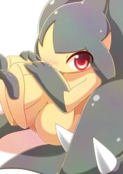 Rule 34 | blush, commentary request, creatures (company), curled up, dusk poke27, from side, game freak, gen 3 pokemon, looking at viewer, mawile, nintendo, no humans, parted lips, pokemon, pokemon (creature), red eyes, shy, solo, white background