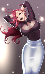 Rule 34 | 1girl, :d, arms behind head, arms up, black eyes, breasts, cleavage, cowboy shot, earrings, head tilt, highres, inari yoko, jewelry, kemono jihen, large breasts, light particles, long hair, looking at viewer, open mouth, pencil skirt, purple background, purple shirt, red hair, shirt, skirt, smile, solo, tawara, white skirt