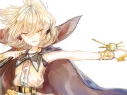 Rule 34 | 1girl, armpit peek, backlighting, beige blouse, blonde hair, bloom, blouse, blurry, cape, depth of field, earmuffs, flat chest, hair between eyes, highres, holding, holding sheath, holding sword, holding weapon, huang li ling, looking at viewer, outstretched arm, parted lips, pointy hair, purple cape, sheath, shirt, short hair, simple background, sleeveless, sleeveless shirt, smile, soft focus, solo, sword, touhou, toyosatomimi no miko, tsurime, upper body, weapon, white background, yellow eyes