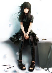 Rule 34 | 10s, 1girl, 2014, absurdres, between legs, black hair, black shirt, blunt bangs, closed mouth, collared shirt, dated, eraser, expressionless, full body, grey eyes, hair ribbon, highres, image sample, leggings, light frown, long hair, looking at viewer, own hands together, pants, pencil, pigeon-toed, ribbon, sai foubalana, sandals, shirt, short sleeves, sitting, solo, v arms, white background, wing collar