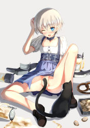 Rule 34 | 10s, 1girl, blue eyes, cat, choker, clumsy, convenient censoring, dirndl, german clothes, highres, kantai collection, no panties, oktoberfest, short hair, silver hair, solo, tail censor, unsinkable sam, xephonia, z1 leberecht maass (kancolle)