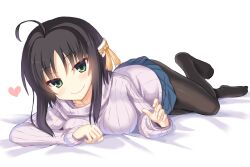 Rule 34 | 1girl, ahoge, alternate costume, bed sheet, black hair, black pantyhose, blue skirt, blush, breast press, breasts, c:, casual, closed mouth, commentary request, curvy, eyes visible through hair, full body, green eyes, hair between eyes, hair ornament, hand up, heart, hitachi mako, knee up, large breasts, looking at viewer, lying, miniskirt, no shoes, on stomach, pantyhose, pleated skirt, senren banka, short hair with long locks, sidelocks, simple background, skirt, sleeves past wrists, smile, solo, sweater, tassel, tassel hair ornament, tatsuya (trypaint), white background, white sweater, yellow tassel
