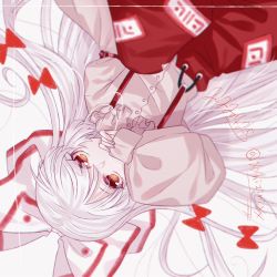 Rule 34 | 1girl, blouse, bow, buttons, collared shirt, commentary, covering own mouth, eyebrows hidden by hair, frilled shirt collar, frills, fujiwara no mokou, hair bow, hand up, highres, hijiri (xxhizirixx), long hair, long sleeves, looking at viewer, ofuda, ofuda on clothes, one-hour drawing challenge, pants, red bow, red eyes, red pants, shirt, sleeve cuffs, solo, suspenders, touhou, upper body, upside-down, very long hair, white bow, white hair, white shirt