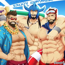 Rule 34 | 3boys, abs, alternate costume, arm hair, artist name, bara, bare pectorals, beard, black hair, blush, bracelet, brown hair, chest hair, facial hair, gangplank (league of legends), glasses, hairy, jewelry, kaiki (osuppai), large pectorals, league of legends, long hair, male focus, male underwear, manly, mature male, multiple boys, muscular, muscular male, navel, navel hair, necklace, nipples, open clothes, open shirt, pantheon (league of legends), pectorals, scarf, shirt, sideburns, smile, summer, tattoo, topless male, tryndamere, underwear