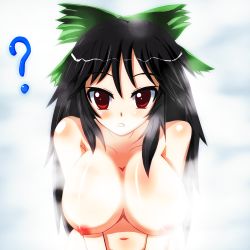 Rule 34 | 1girl, ?, black hair, bow, breasts, female focus, gradient background, large breasts, long hair, nipples, red eyes, reiuji utsuho, sabokai, solo, topless, topless frame, touhou, upper body, white background