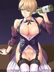 Rule 34 | 10s, 1girl, alcohol, arm support, bad id, bad pixiv id, bare shoulders, bartender, blonde hair, bottomless, bracelet, breasts, buttons, chain chronicle, cleavage, cowboy shot, detached sleeves, fukuto no soudanyaku brewery, garter straps, gem, gradient background, green eyes, holding, jewelry, large breasts, light smile, looking at viewer, mimizou, mole, mole under eye, naughty face, neck, neck ribbon, nipple slip, nipples, no bra, parted bangs, pouring, puffy nipples, pussy, ribbon, see-through, shadow, shirt, short hair, sitting, smile, solo, thighhighs, uncensored, wakamezake, white thighhighs, wide hips, wine, wing collar