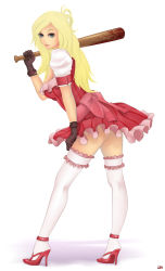 Rule 34 | 1girl, bad girl, baseball bat, blonde hair, blood, dress, female focus, frills, from behind, full body, gloves, gradient background, grasshopper manufacture, high heels, highres, khalitzburg, leaning forward, legs, long hair, looking back, no more heroes, shoes, solo, thighhighs, weapon
