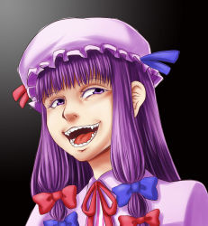 Rule 34 | 1girl, black background, bow, female focus, hair bow, hat, highres, long hair, naniwadou, open mouth, patchouli knowledge, purple eyes, purple hair, sidelocks, simple background, smile, solo, touhou, troll face, upper body