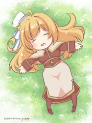 Rule 34 | 1girl, acolyte (ragnarok online), ahoge, blonde hair, blue bow, blush, bow, braid, breasts, brown footwear, brown pantyhose, brown shirt, capelet, chibi, commentary request, cross, dated, french braid, full body, grass, hat ornament, long hair, long sleeves, lying, medium breasts, on back, on ground, open mouth, pantyhose, pillbox hat, ragnarok masters, ragnarok online, shirt, shoes, skirt, smile, solo, star (symbol), star hat ornament, striped, striped bow, tomo-graphy, twitter username, white bow, white capelet, white headwear, white skirt