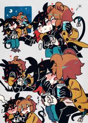 Rule 34 | ..., 2others, :&lt;, :i, ^ ^, animal ears, arm around neck, black gloves, black hair, black shirt, blush, brown eyes, brown hair, chihame (yaigi), claws, closed eyes, closed mouth, colored inner hair, crescent moon, crossed bangs, cup, denim, fang, full-face blush, gloves, grey background, hand on another&#039;s cheek, hand on another&#039;s face, heart, highres, holding, holding cup, jeans, kiss, kissing cheek, long hair, long sleeves, moon, mug, multicolored hair, multiple girls, multiple others, nimihaku (yaigi), nose blush, notched ear, open mouth, original, other focus, pants, red hair, saliva, shirt, short hair, simple background, sitting, spoken ellipsis, squeans, streaked hair, sweatdrop, tail, yaigi