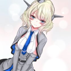 Rule 34 | 1girl, blonde hair, blue eyes, blue necktie, blush, breasts, capelet, colorado (kancolle), commentary request, cowboy shot, dress, elbow gloves, garrison cap, gloves, grey dress, grey gloves, hat, headgear, kantai collection, looking at viewer, medium breasts, multicolored background, na-code (gurich), necktie, short hair, solo, split mouth