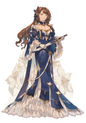 Rule 34 | 1girl, beatrix (granblue fantasy), blue bow, blue choker, blue dress, blue sleeves, bow, breasts, brown hair, choker, cleavage, detached sleeves, dress, floating hair, flower, full body, gloves, granblue fantasy, green eyes, hair bow, highres, holding, holding sword, holding weapon, layered sleeves, long dress, long hair, long sleeves, medium breasts, parted lips, sheath, sheathed, shimatani azu, simple background, solo, standing, strapless, strapless dress, sword, very long hair, weapon, white background, white flower, white gloves
