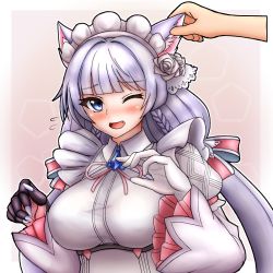 Rule 34 | 1girl, animal ears, blue eyes, blunt bangs, braid, breasts, cat ears, cat girl, dashimoro, fang, gloves, grabbing another&#039;s ear, hand on another&#039;s ear, hime cut, large breasts, last origin, maid headdress, one eye closed, perrault (last origin), silver hair, smile, solo focus, tears, twin braids, white gloves
