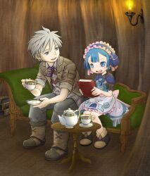 Rule 34 | 2boys, apron, black footwear, blue bow, blue bowtie, blue corset, blue eyes, blue hair, book, boots, bow, bowtie, brown footwear, brown jacket, buttons, coffee table, collared shirt, corset, couch, cup, dot nose, frilled apron, frills, hairband, holding, holding book, holding cup, holding plate, jacket, jiruo (made in abyss), light blush, looking at another, made in abyss, maid, maid apron, maid headdress, maruruk, multiple boys, open mouth, plate, puffy short sleeves, puffy sleeves, shirt, short hair, short sleeves, sitting, smile, table, teacup, teeth, tsumiki yuu, upper teeth only, whistle, whistle around neck, white apron, white hair, white shirt