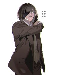 Rule 34 | brown eyes, brown hair, brown suit, eyepatch, formal, girls&#039; frontline, highres, long hair, long sleeves, looking at viewer, m16a1 (girls&#039; frontline), mole, mole under eye, open mouth, scar, shirt, simple background, suit, white shirt, yongsadragon