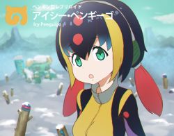 Rule 34 | 10s, 1girl, :o, black hair, blonde hair, blurry, character name, chill penguin (mega man), depth of field, green eyes, hair between eyes, headphones, japari symbol, kemono friends, long hair, looking at viewer, mega man (series), mega man x1, mega man x (series), mountain, multicolored hair, onoderaonoderao, open mouth, personification, red hair, robot, snow, solo, twintails, upper body, zipper
