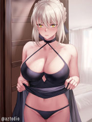 Rule 34 | 1girl, alternate breast size, artoria pendragon (all), artoria pendragon (fate), aztodio, bare shoulders, black choker, black panties, blonde hair, breasts, choker, cleavage, clothes lift, commentary, cowboy shot, dress, dress lift, english commentary, fate (series), groin, hair between eyes, indoors, large breasts, lifted by self, looking at viewer, navel, panties, saber alter, short hair, sleeveless, sleeveless dress, solo, standing, stomach, underwear, yellow eyes