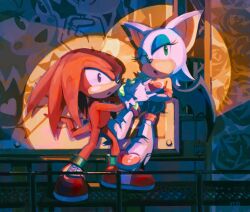 Rule 34 | 1boy, 1girl, bat wings, chaos emerald, commentary request, flying, furry, furry female, furry male, green eyes, highres, iyo (1eavethebus), knuckles the echidna, light, looking at viewer, painting (object), purple eyes, rouge the bat, sonic (series), sonic adventure 2, wings
